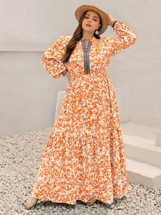 Boho Ruched Floral Maxi Dress – Plus Size in Tangerine