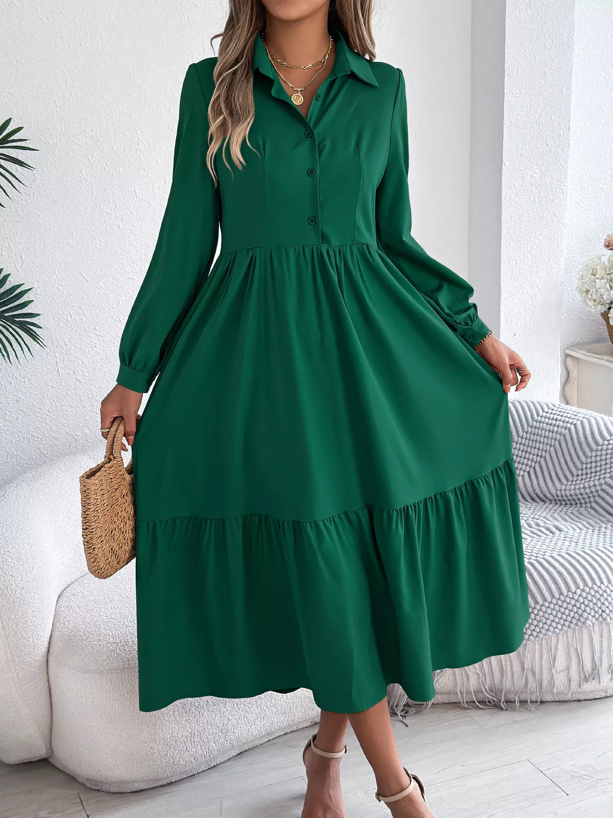 Long Sleeve Tiered Button-Front Midi Dress in Dark Green