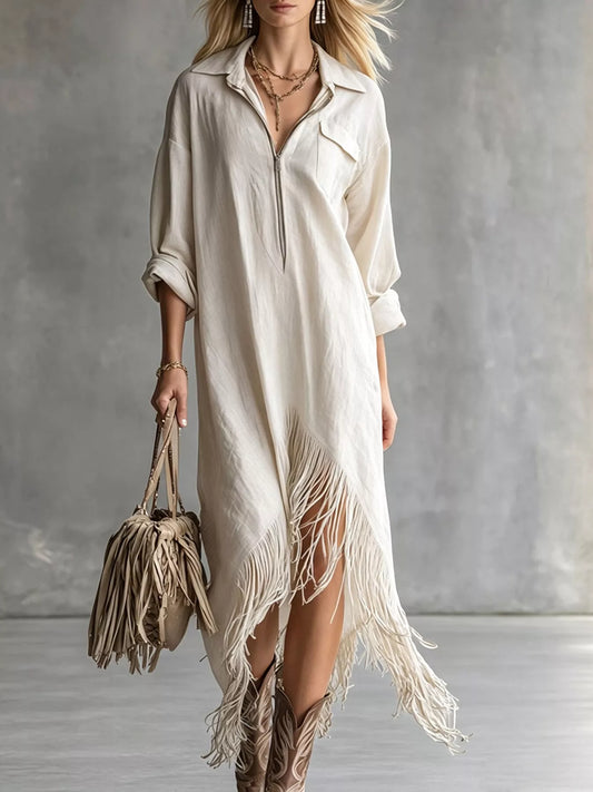 Zipper-Front Fringe Hem Midi Dress with Pockets in White