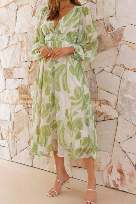 Printed V-Neck Ruched Long Sleeve Midi Dress in Light Green