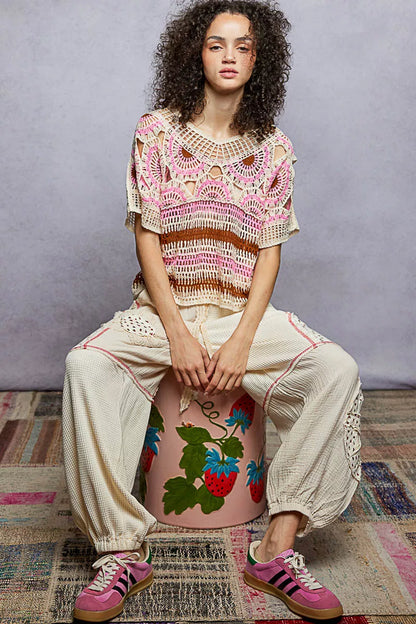 Weave Pattern Short Sleeve Crochet Top with Border Accents detail — Livostyle