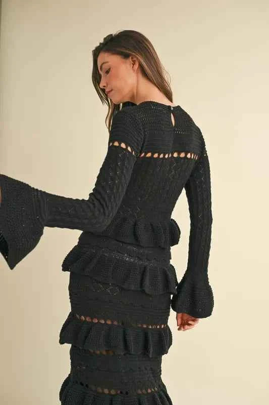 MABLE Long Sleeve Tiered Ruffle Knit Midi Dress