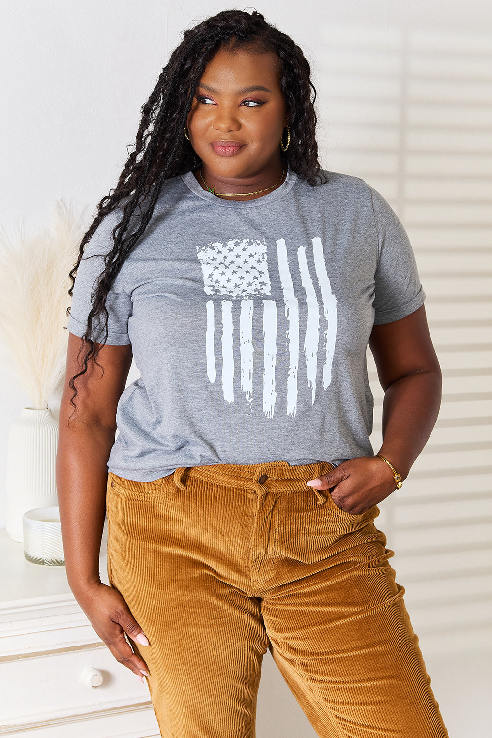 Simply Love US Flag Graphic Cuffed Sleeve T-Shirt closeup — Livostyle
