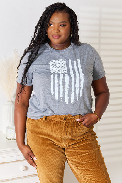 Simply Love US Flag Graphic Cuffed Sleeve T-Shirt closeup — Livostyle