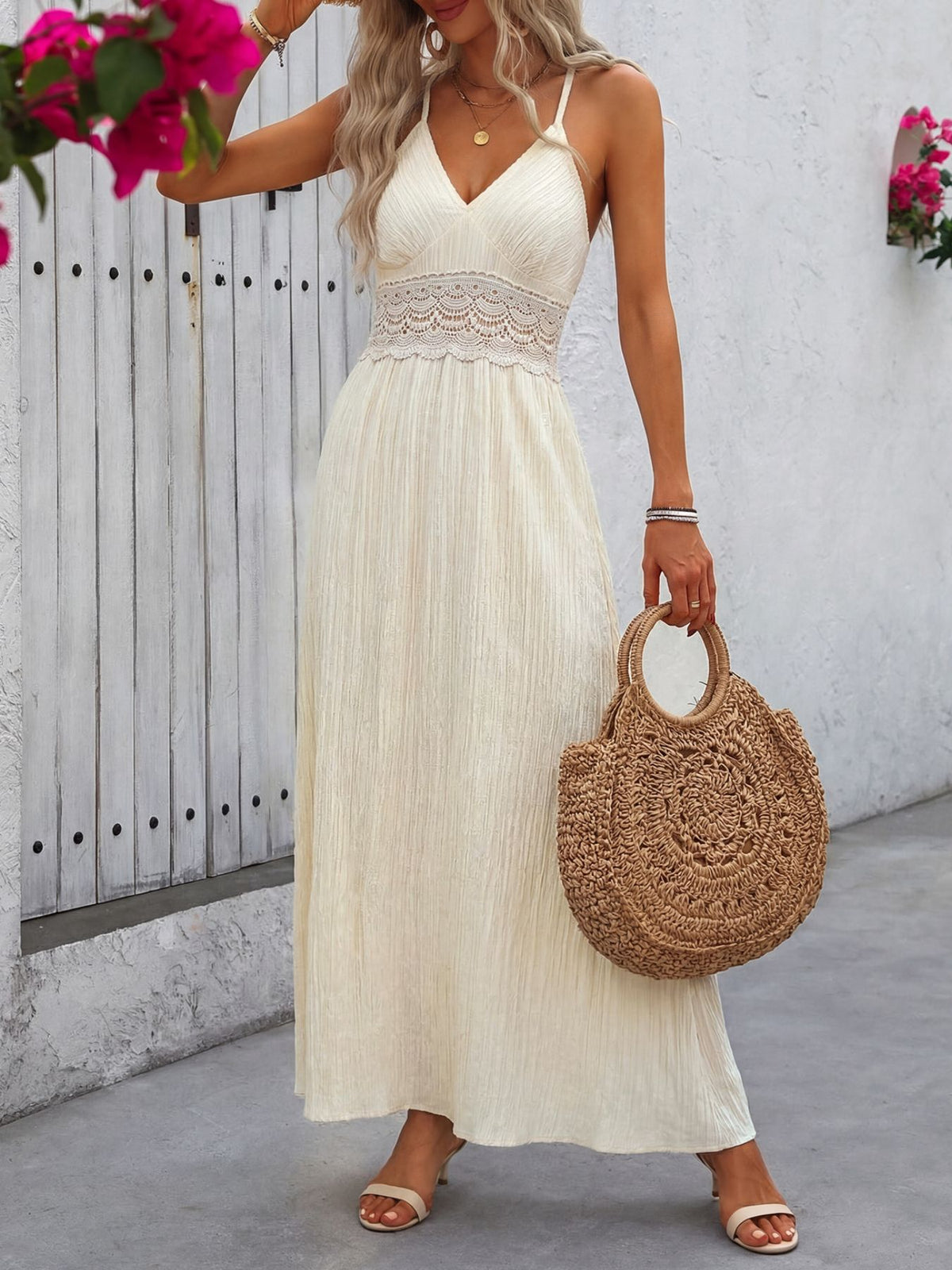 Lace Trim Tie-Detail V-Neck Maxi Dress – photo 3