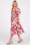 Flower Print Puff Sleeve Ruffle Smocked Midi Dress — Livostyle