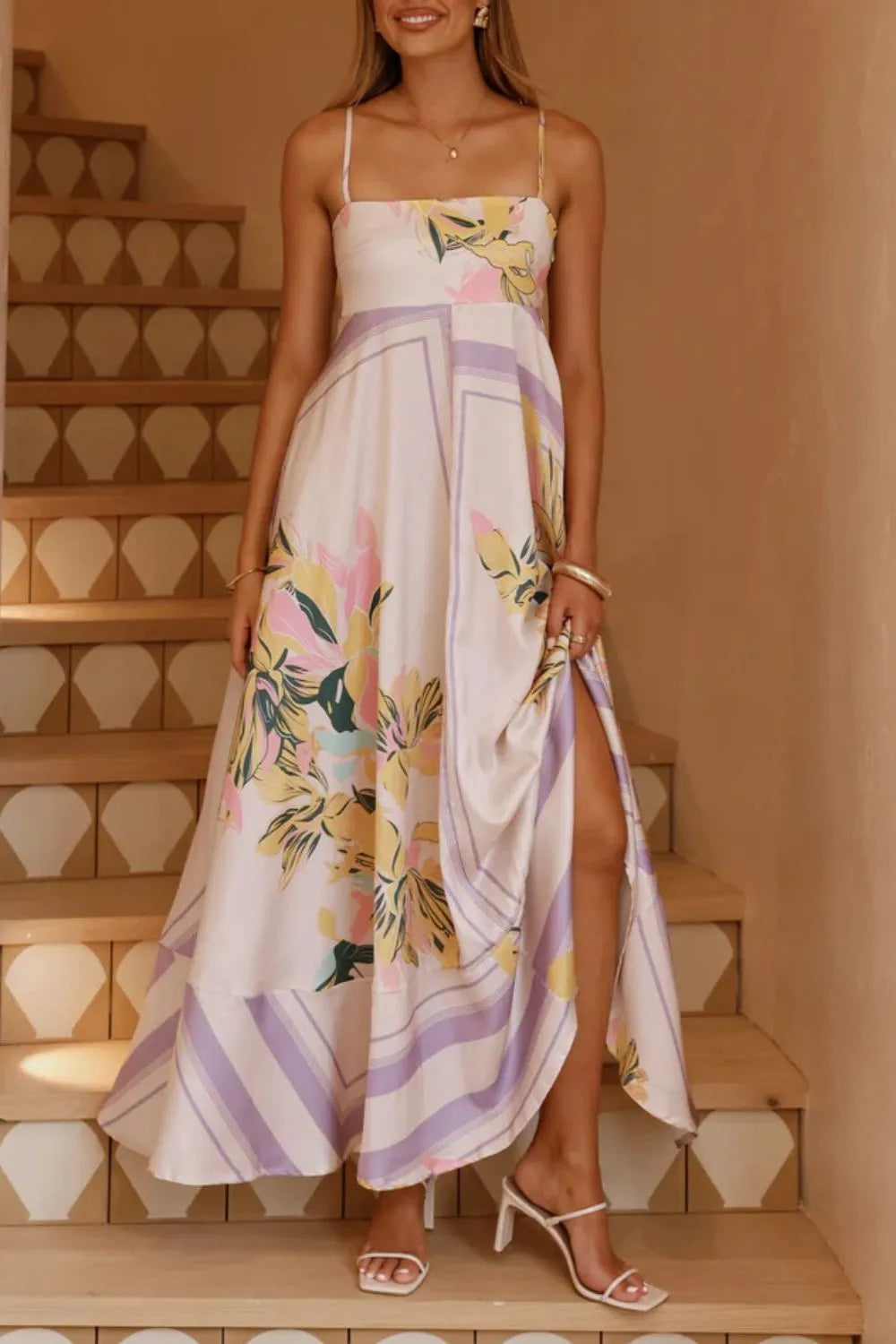 Printed Square Neck Cami Maxi Dress with Slit and Tie – photo 9