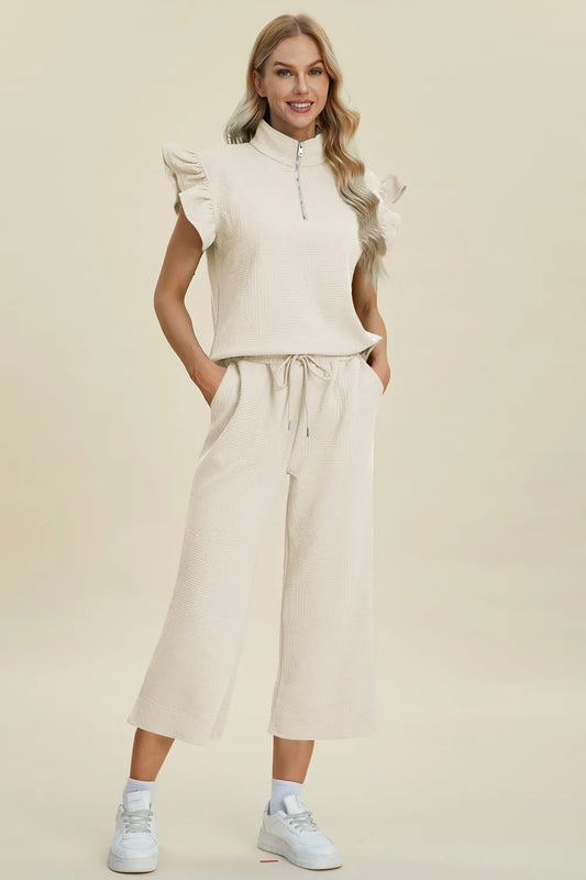 Texture Ruffle Short Sleeve Top and Wide Leg Pants Set — Livostyle