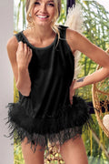 Stylish French Terry Top with Faux Feather Detail & Back Tie — Livostyle