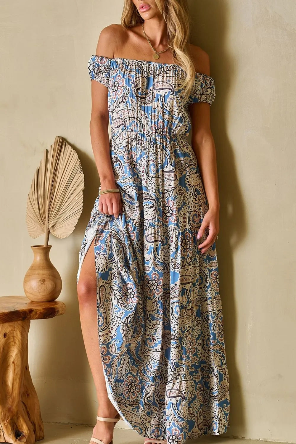 Boho Paisley Print Off-Shoulder Maxi Dress