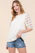 Lace Puff Sleeve Round Neck Top — Livostyle