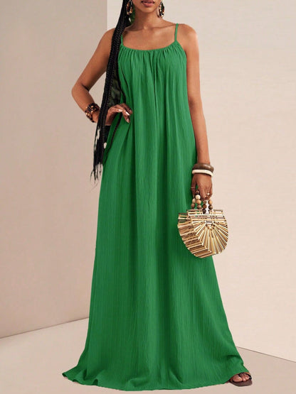 Spaghetti Strap Flowy Ruched Maxi Dress in Green