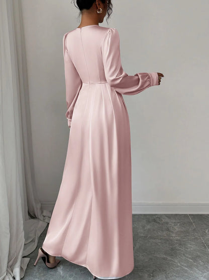 Long Sleeve Satin Maxi Dress with Slit – photo 4