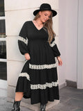 Lace Detail Openwork V-Neck Long Sleeve Midi Dress – Plus Size in Black