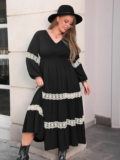 Lace Detail Openwork V-Neck Long Sleeve Midi Dress – Plus Size in Black