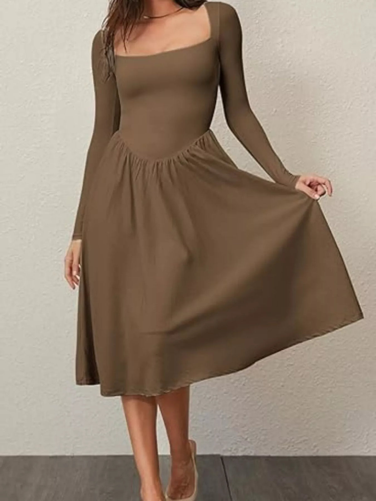 Square Neck Long Sleeve Midi Dress in Cotton Blend – photo 19