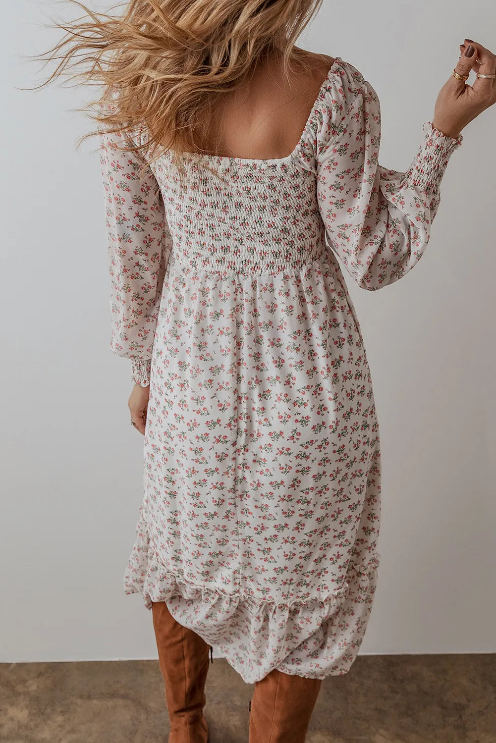 Smocked Floral Square Neck Long Sleeve Midi Dress – photo 3