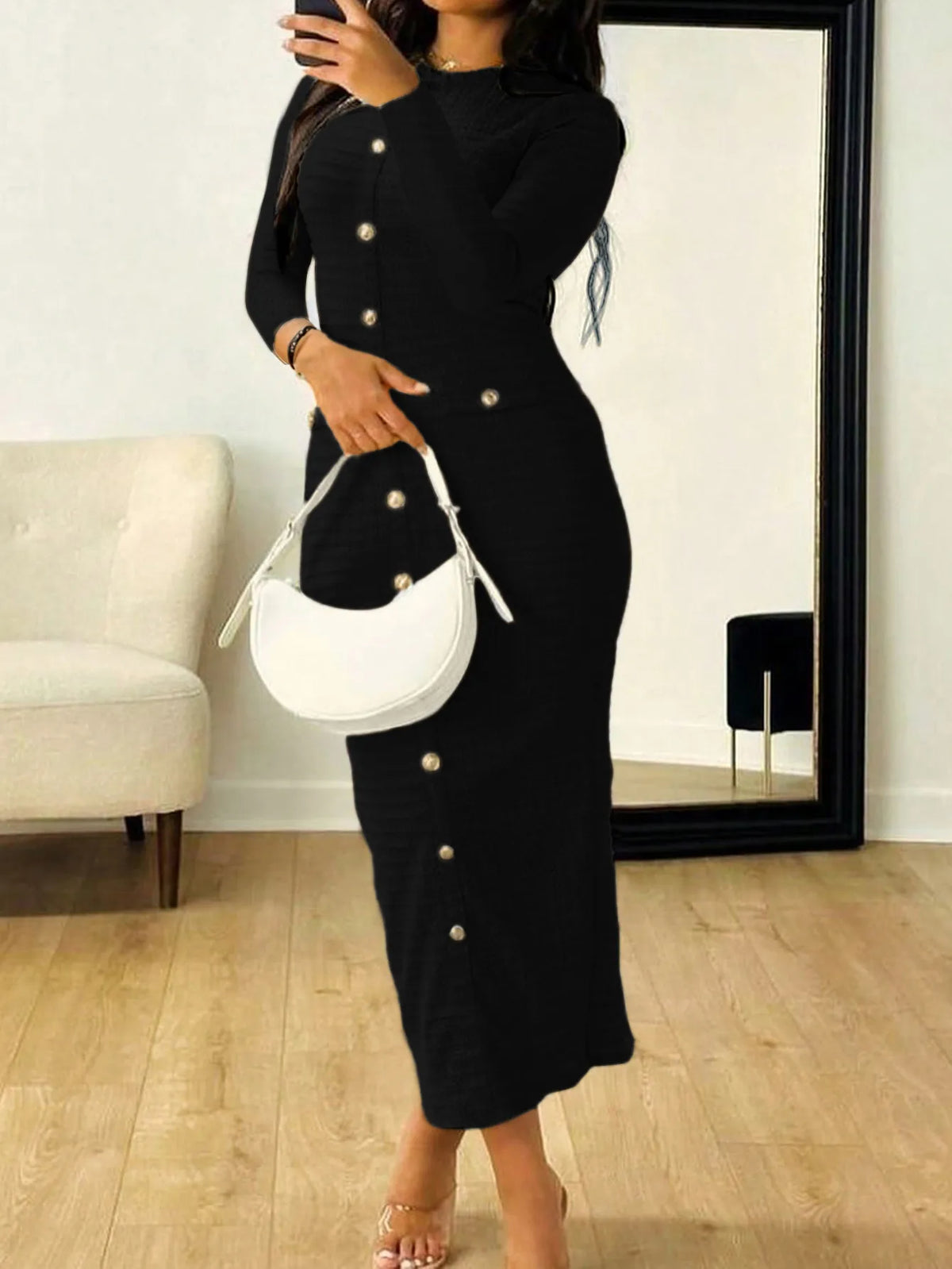 Textured Long Sleeve Midi Dress with Buttons – photo 4