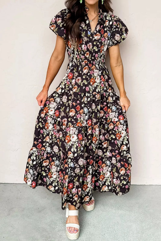 Floral Print Smocked Waist Tiered Maxi Dress in Cotton Blend