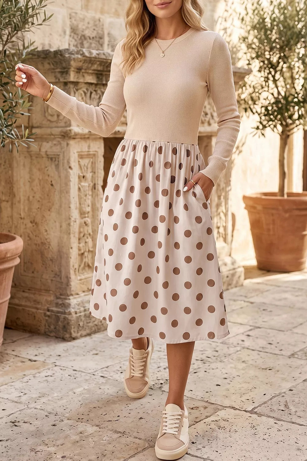 Ribbed Polka Dot Long Sleeve Midi Dress with Pockets in Beige