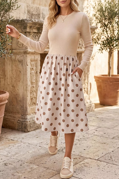 Ribbed Polka Dot Long Sleeve Midi Dress with Pockets in Beige