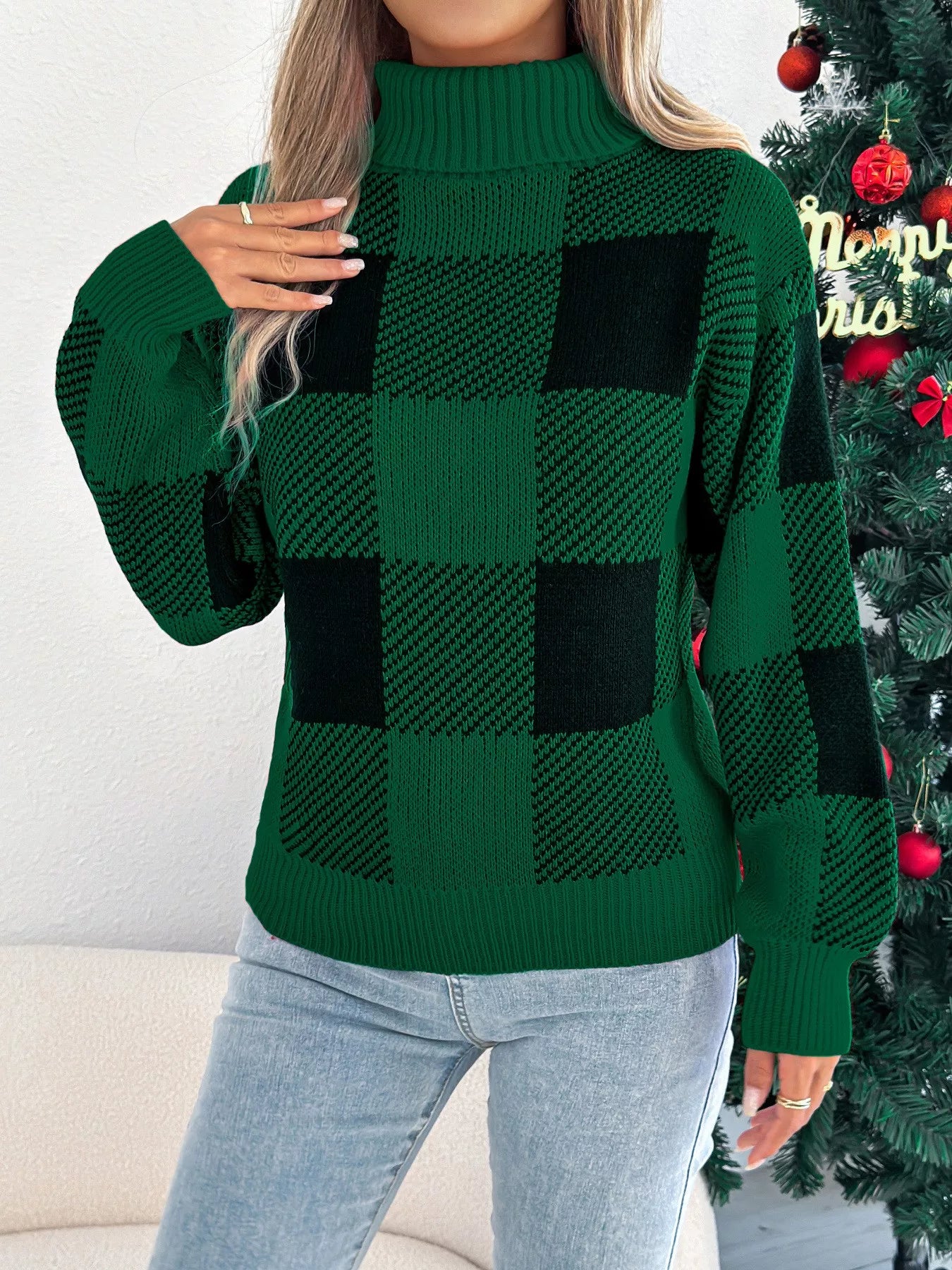 Christmas Plaid Long Sleeve Turtleneck Sweater back view — Livostyle