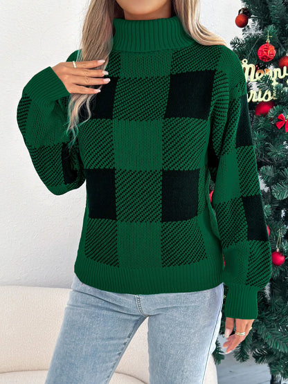 Christmas Plaid Long Sleeve Turtleneck Sweater back view — Livostyle