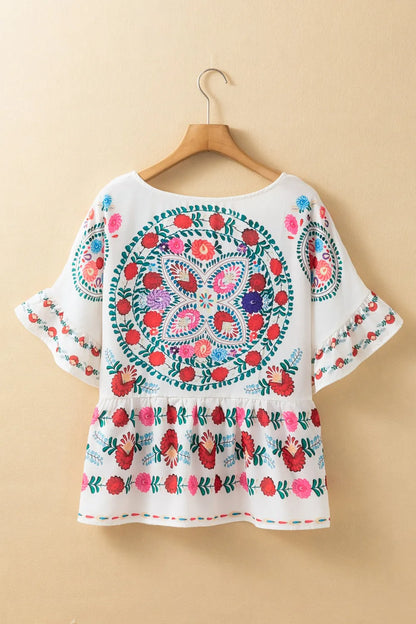 Floral Print Round Neck Ruffle Trim Blouse closeup — Livostyle