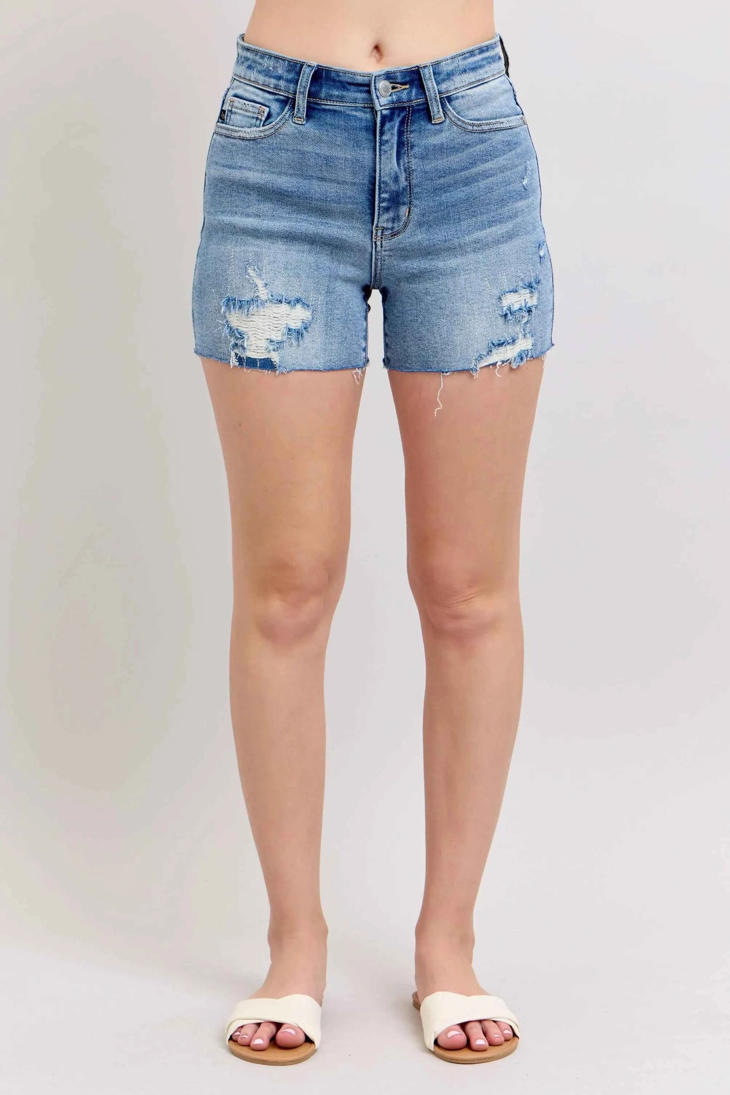 Judy Blue Full Size High Waist Denim Shorts W/stitch Over Destroy Detail Plus Size