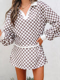 Checkered Print Polo Collar Cropped Long Sleeve Top and Drawstring Mini Skirt Set — Livostyle