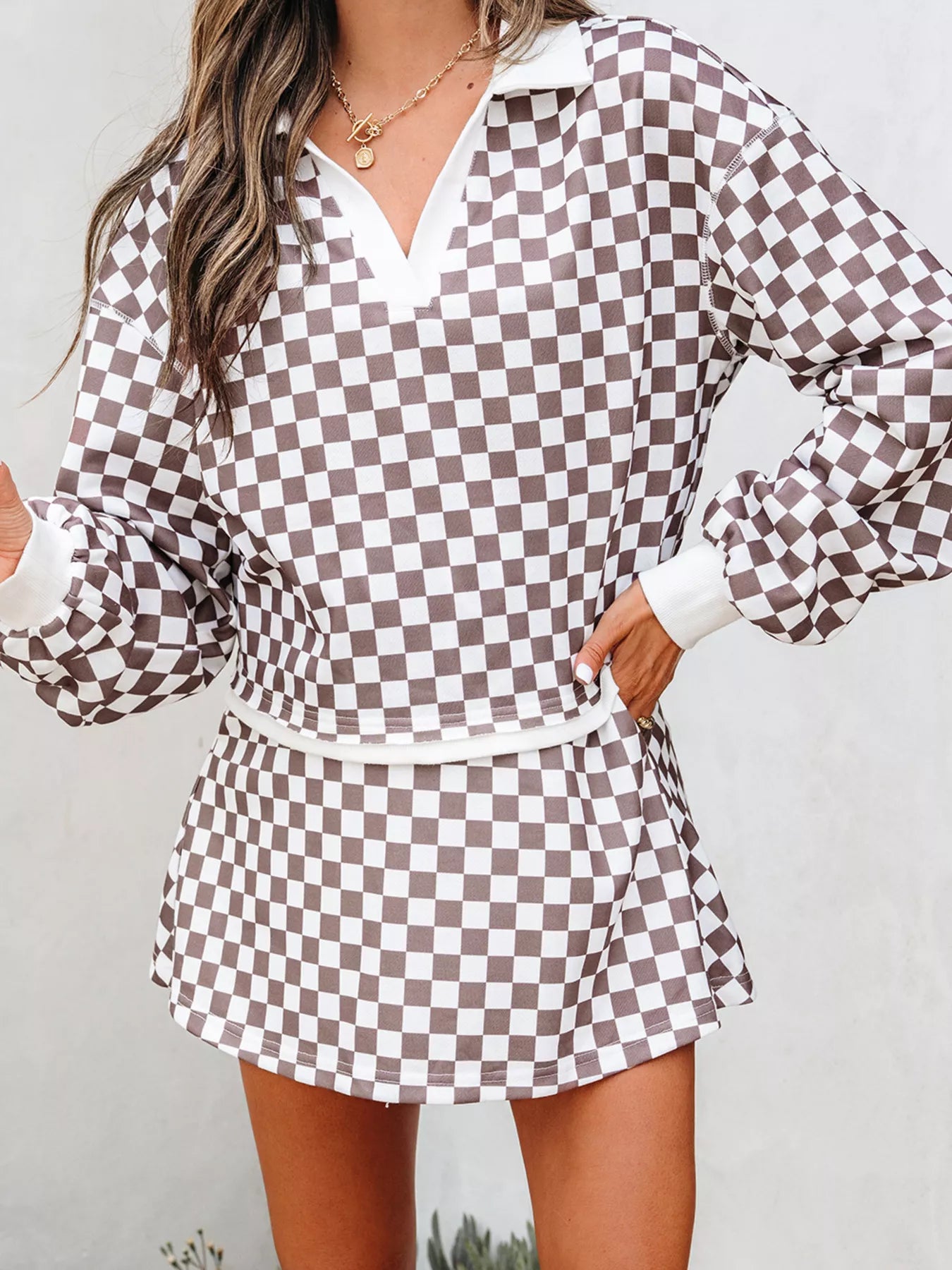 Checkered Print Polo Collar Cropped Long Sleeve Top and Drawstring Mini Skirt Set — Livostyle