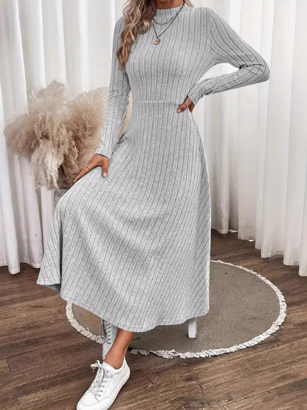 Basic Style Ribbed Knit Long Sleeve Midi Dress in Gray
