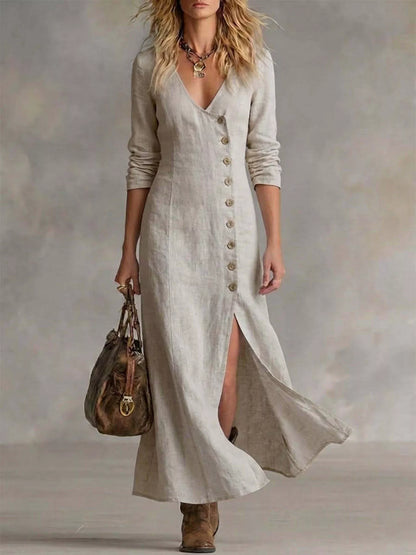 Slit Button-Down Midi Dress in Khaki Color