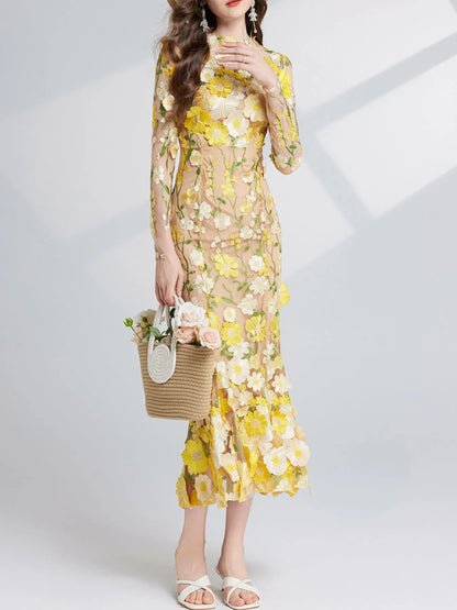 Floral Embroidered Mesh Long Sleeve Tiered Midi Dress – photo 16