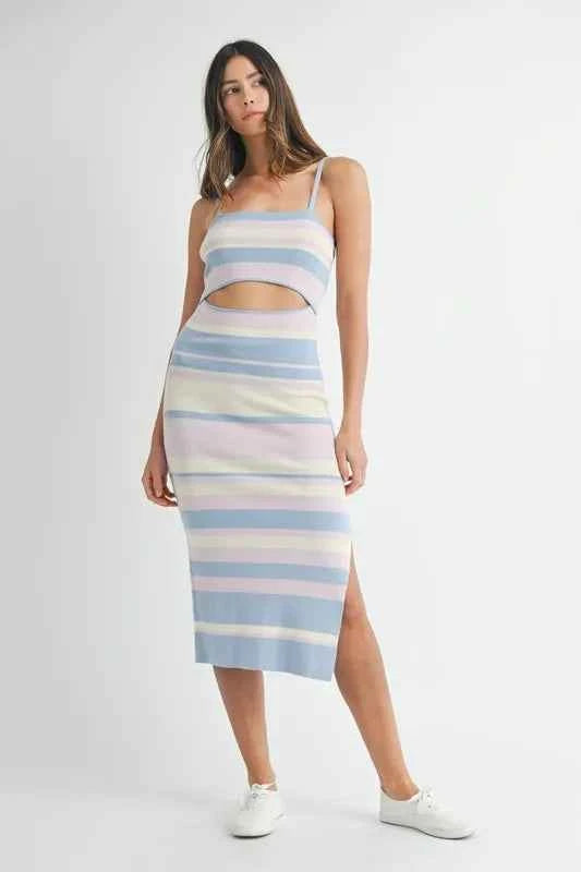 MABLE Multi Color Striped Front Cutout Knit Midi Dress