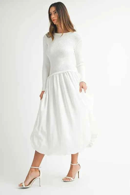 MABLE Ribbed Poplin Mix Midi Sweater Dress