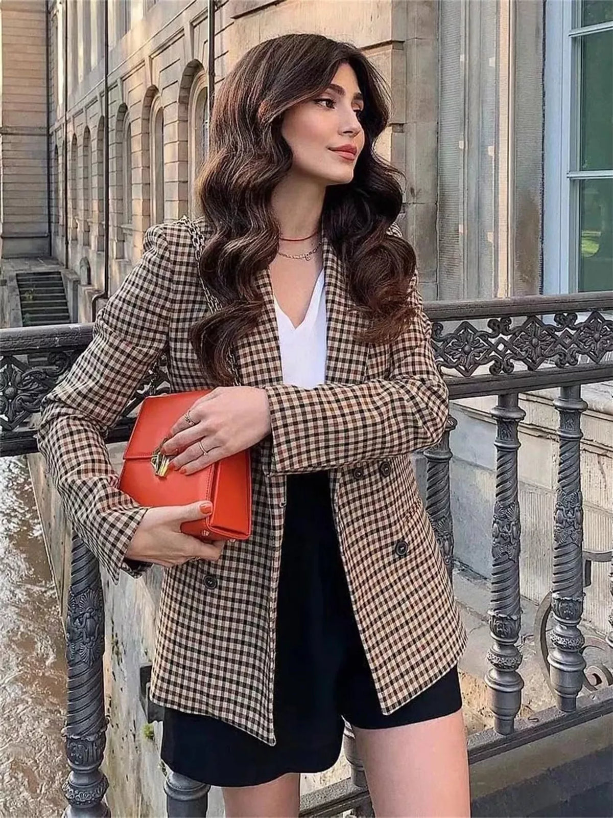 Plaid Lapel Collar Long Sleeve Blazer styling — Livostyle