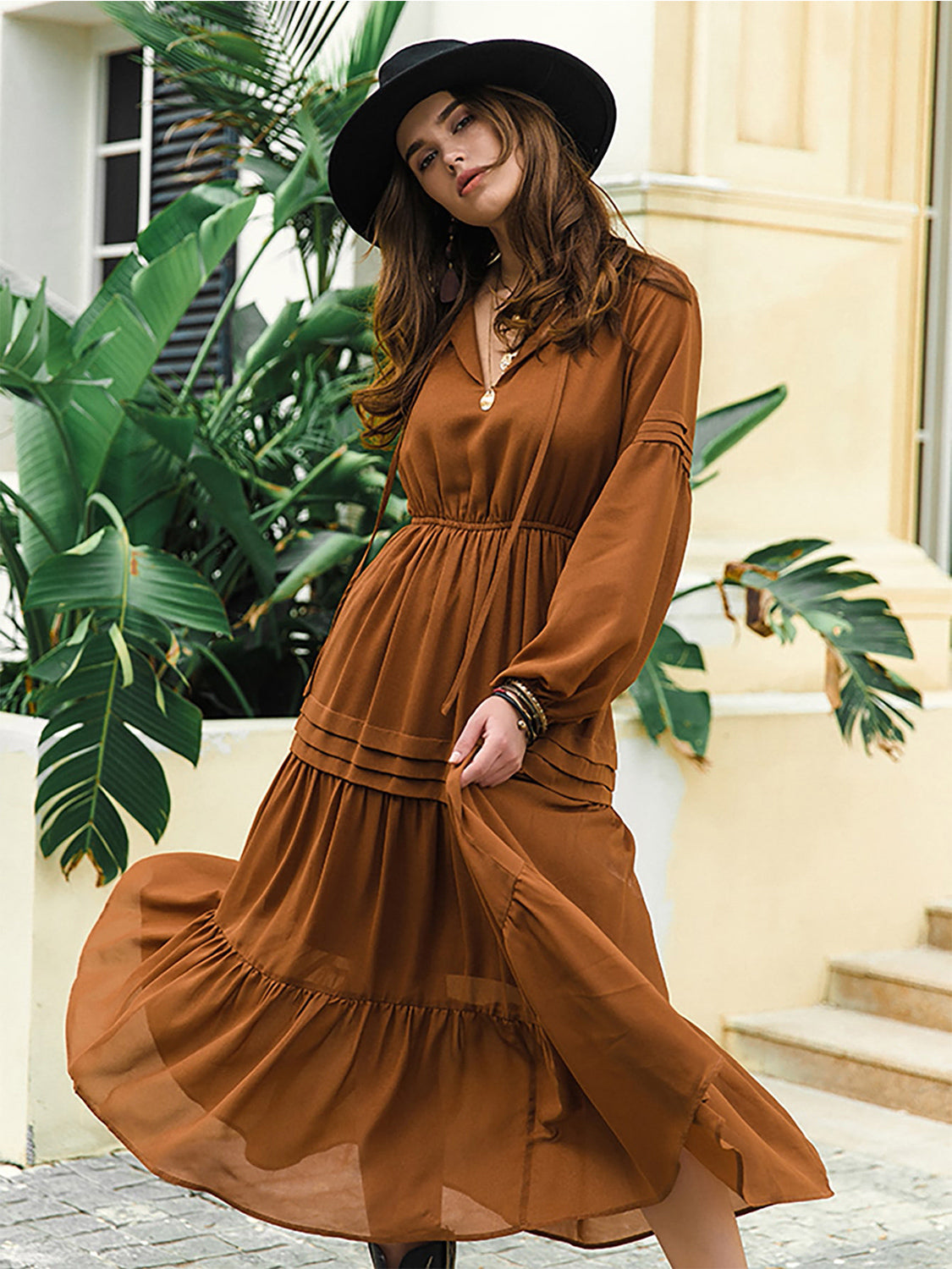Tie Neck Long Sleeve Tiered Midi Dress in Caramel