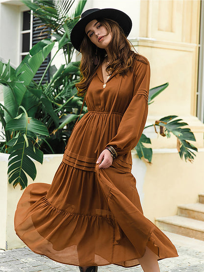 Tie Neck Long Sleeve Tiered Midi Dress in Caramel
