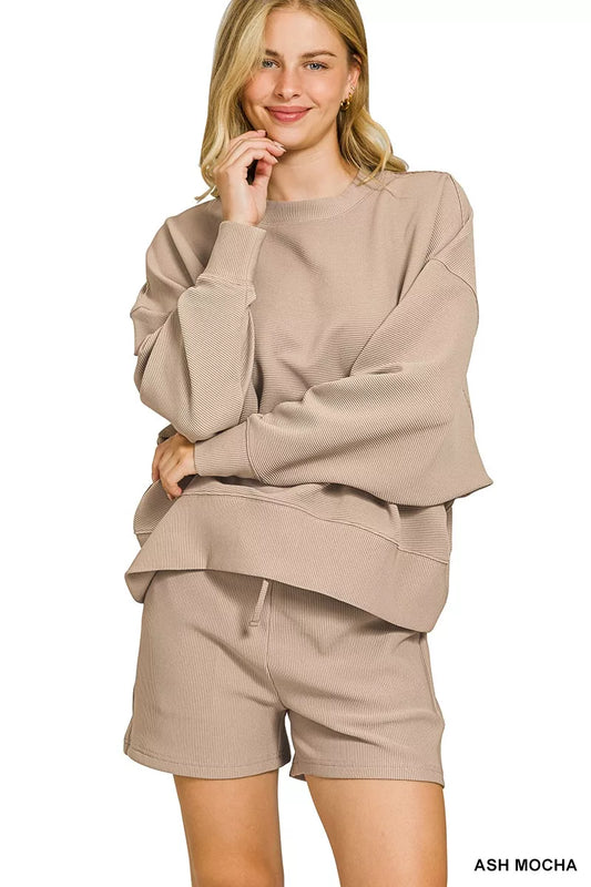 Ribbed Round Neck Pullover and Shorts Lounge Set in Ash Mocha