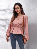 V-Neck Balloon Sleeve Peplum Blouse — Livostyle