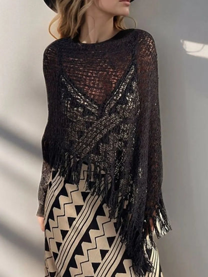 Tassel Boat Neck Knit Shawl styling — Livostyle