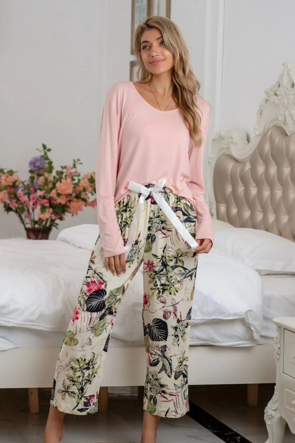 Round Neck Top and Printed Pants Lounge Set — Livostyle