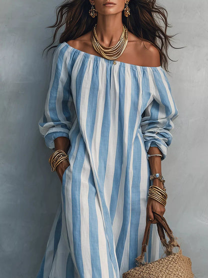 Off-Shoulder Striped Maxi Dress with Pockets