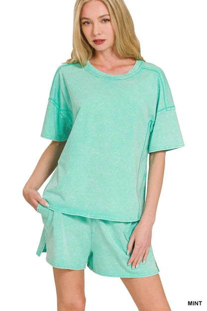 Acid Washed Short Sleeve Tee & Shorts Set in MINT