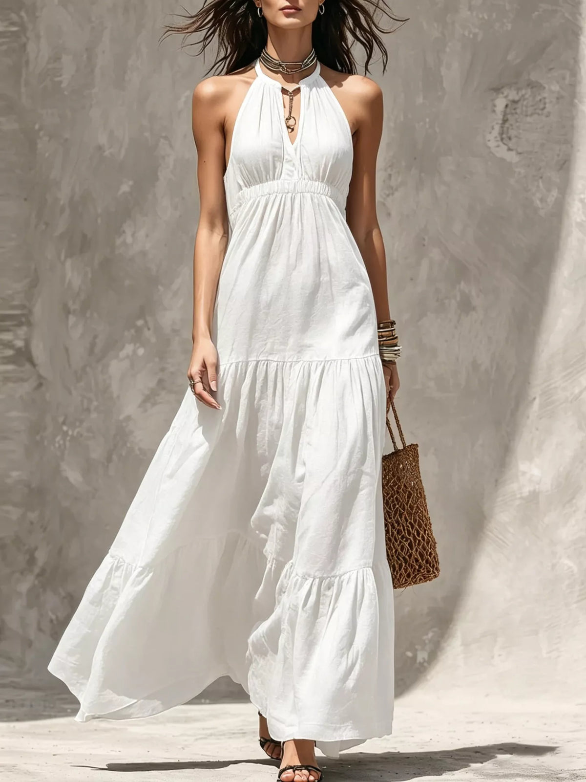 Sleeveless Tiered Smocked Maxi Dress in White