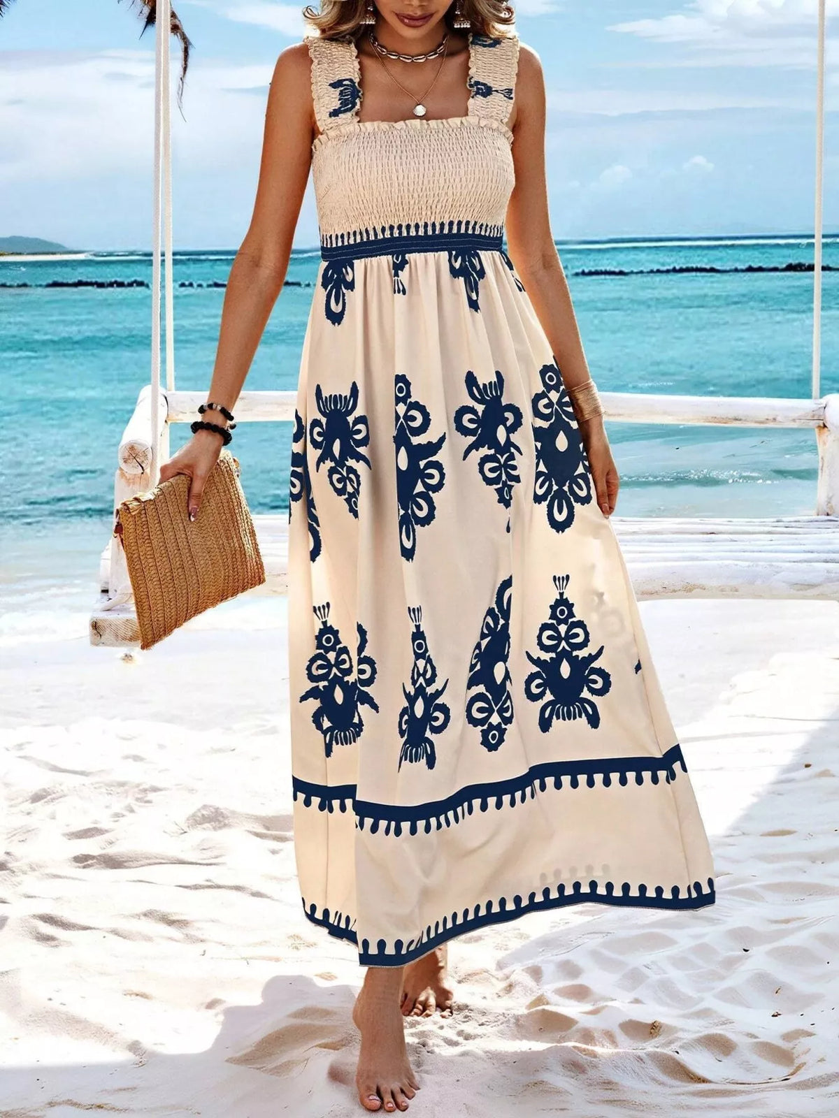 Smocked Printed Square Neck Ruffle Maxi Dress in Peacock  Blue