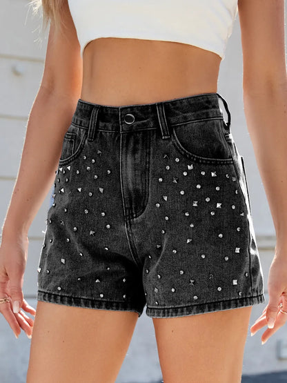 Rhinestone Washed High Waist Denim Shorts styling — Livostyle
