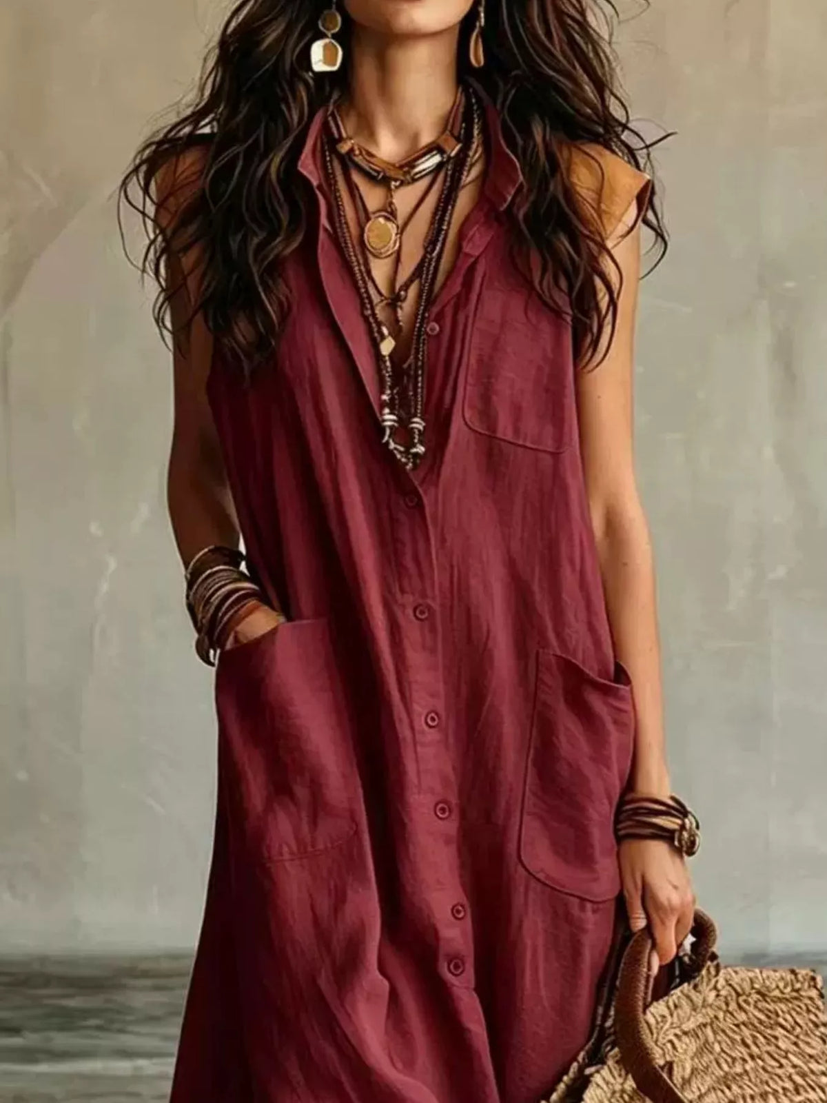 Sleeveless Button-Down Maxi Dress with Pockets – photo 7