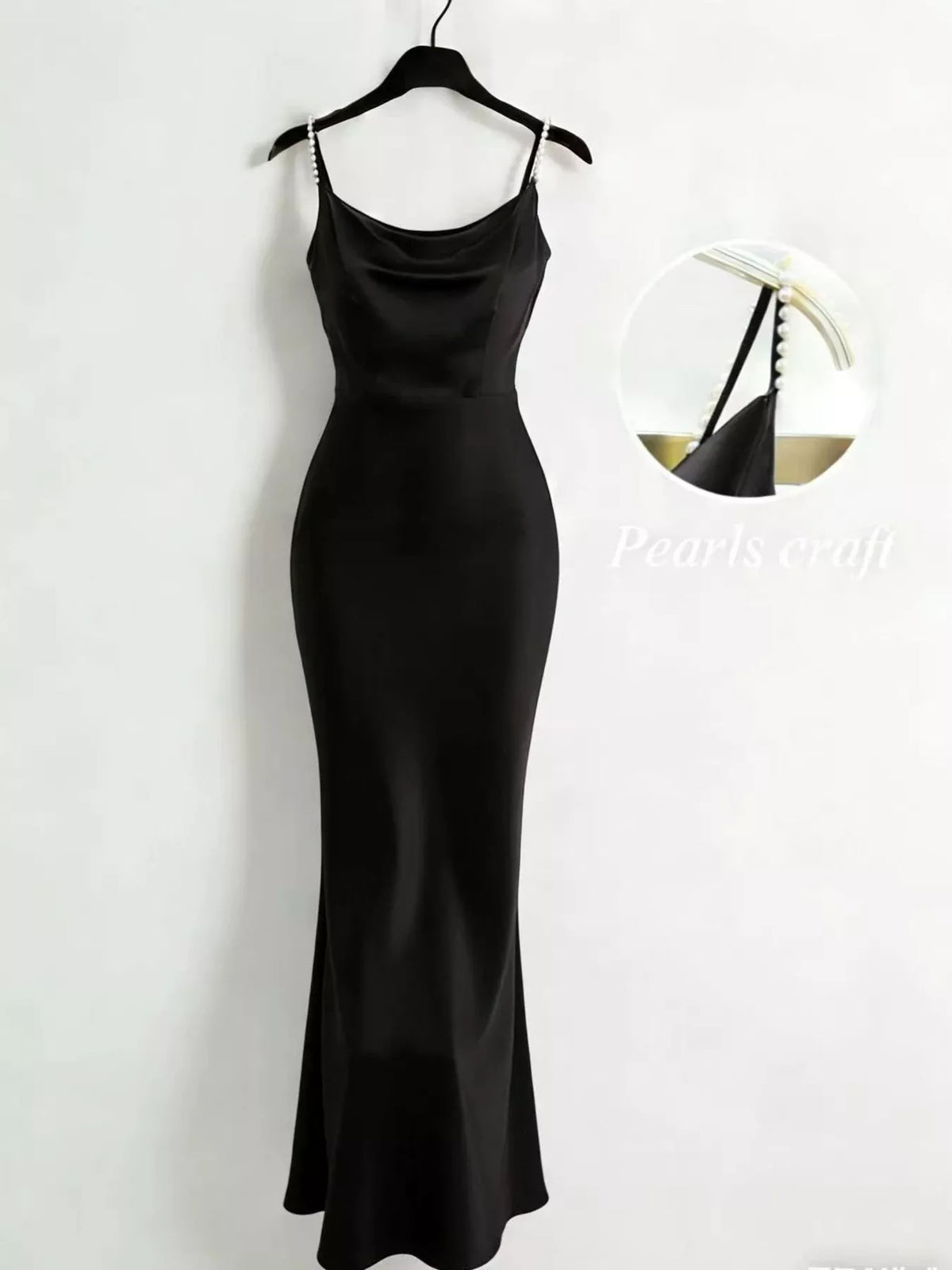 Lined Pearl Strap Cowl Neck Satin Maxi Dress in Black